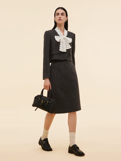 100% Washable Wool Crop Jacket And Skirt Two-Piece Set