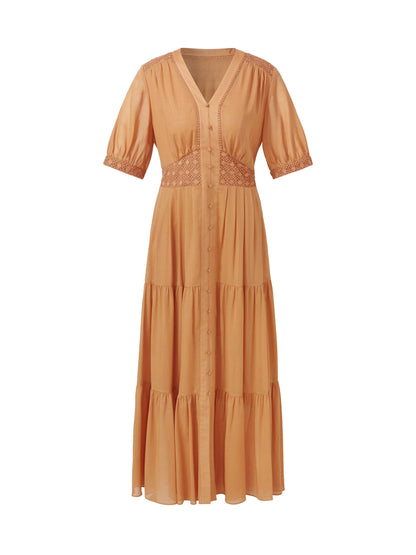 100% Cotton Patchwork Lace Embroidered Women Maxi Dress