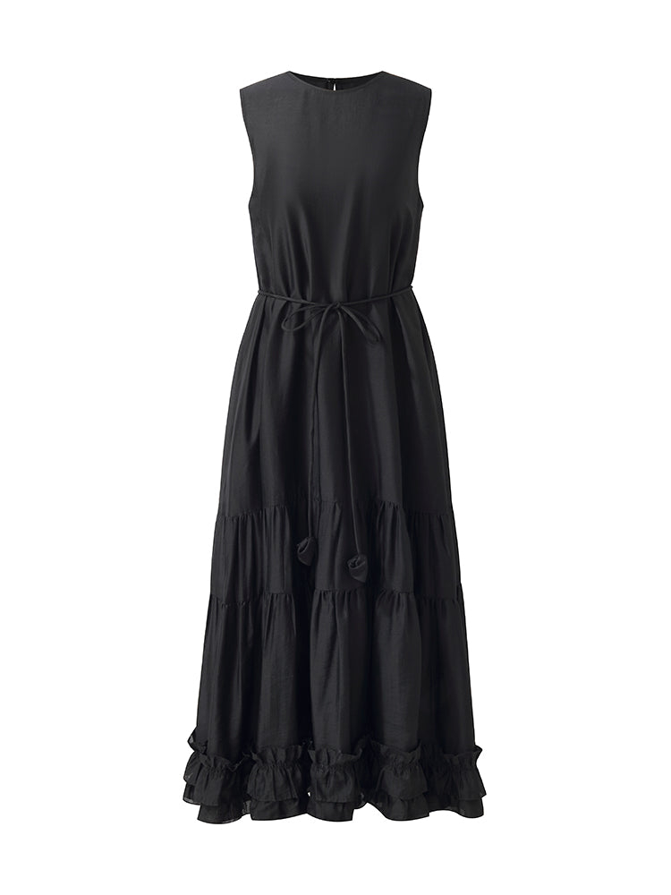Tencel Ruffle Hem Women Tiered Vest Midi Dress With Slip Dress And Belt