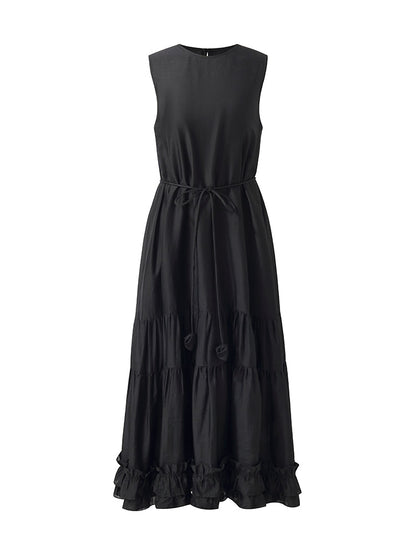 Tencel Ruffle Hem Women Tiered Vest Midi Dress With Slip Dress And Belt