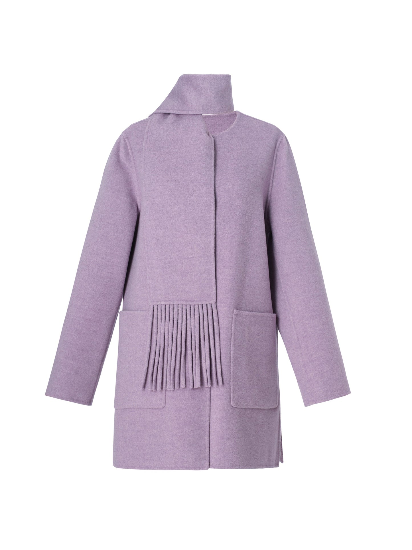 100% Wool Double-Faced Women Coat With Fringe Scarf