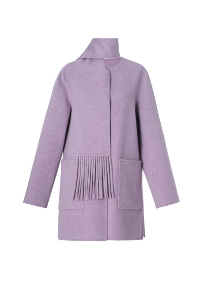 100% Wool Double-Faced Women Coat With Fringe Scarf