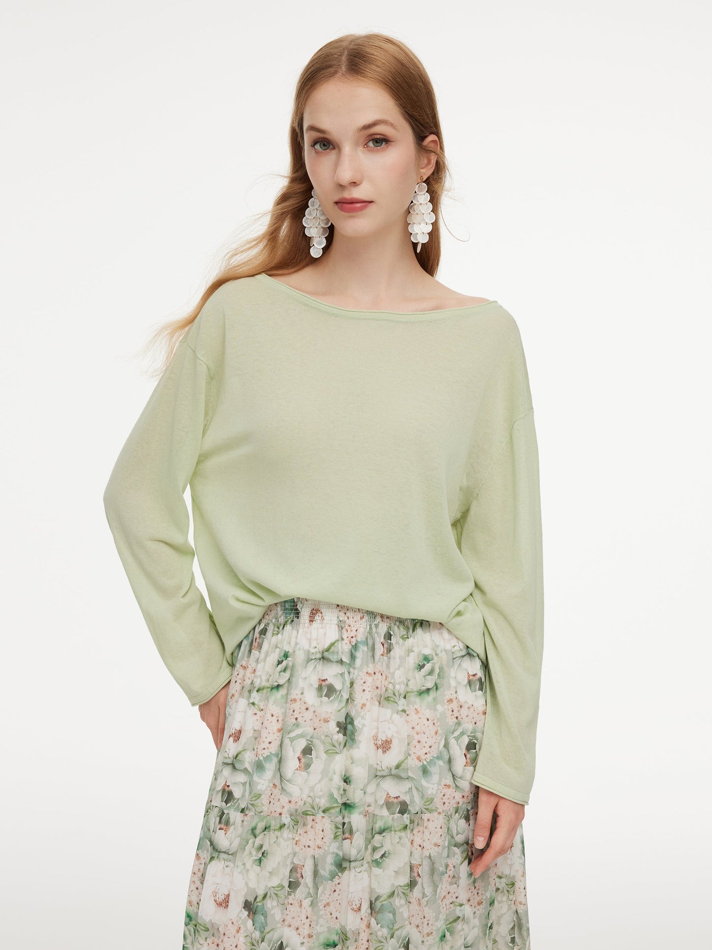 Triacetate Linen Cotton Blend Boat Neck Women Lightweight Knit Top