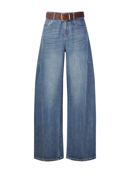 [Preview] Cotton Denim Women Curved Leg Jeans With Belt