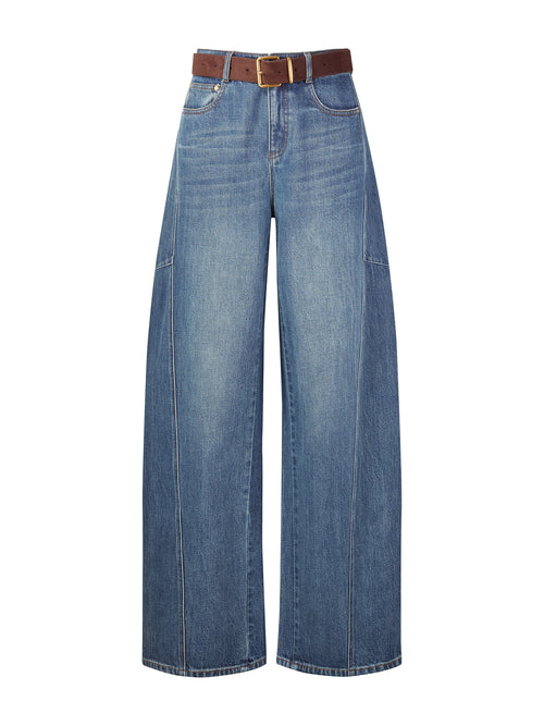 [Preview] Cotton Denim Women Curved Leg Jeans With Belt