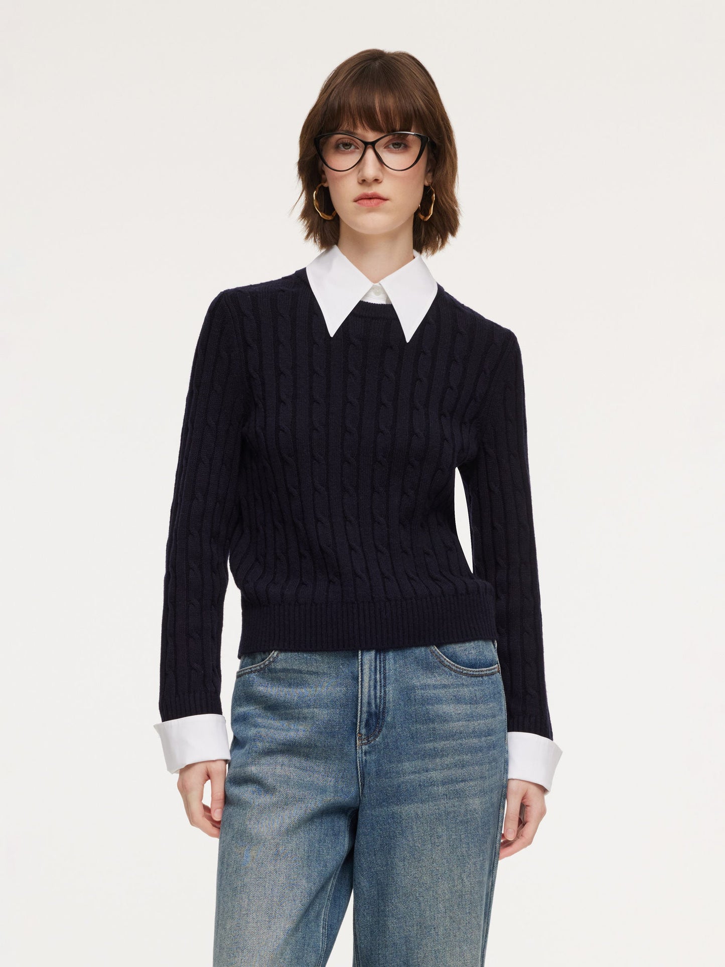 Wool Blend Cable Knit Women Sweater With Detachable Collar And Cuffs