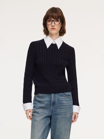 Wool Blend Cable Knit Women Sweater With Detachable Collar And Cuffs
