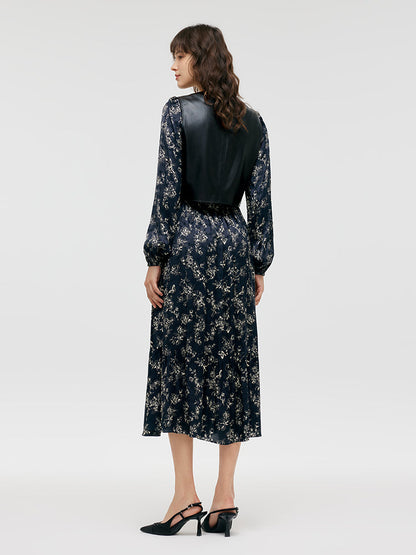 Eco-Friendly Fur Vest And Floral Print Dress Two-Piece Set