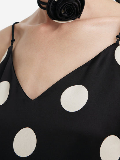 Acetate Polka Dots Print Spaghetti Strap Women Midi Dress With Rose Belt