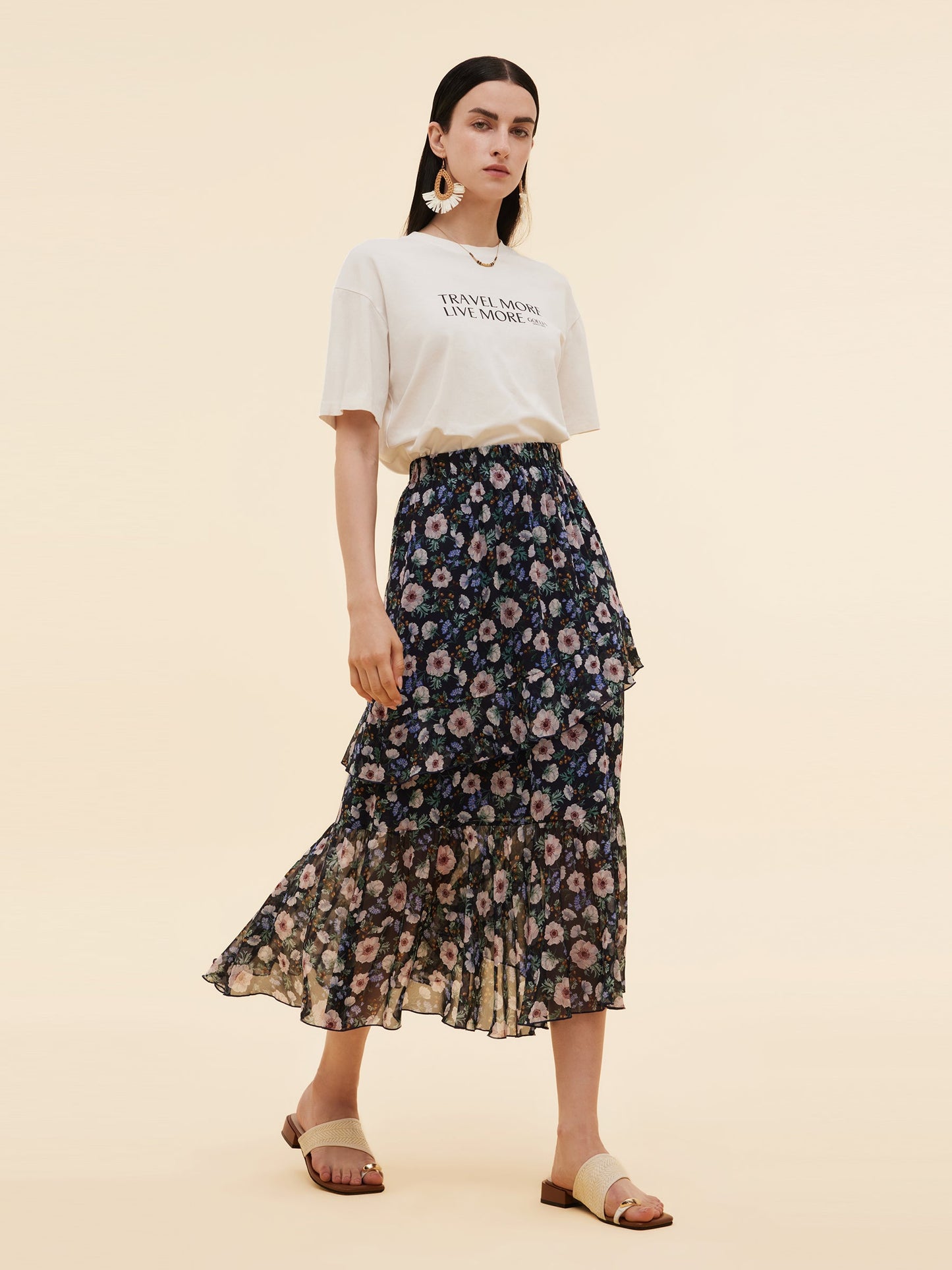 10MM Mulberry Silk Floral Print Women Tiered Skirt