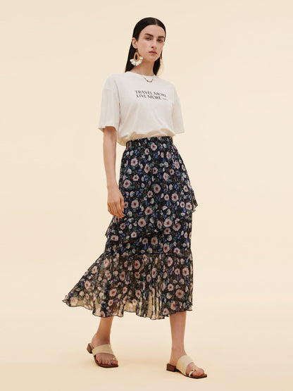 10MM Mulberry Silk Floral Print Women Tiered Skirt