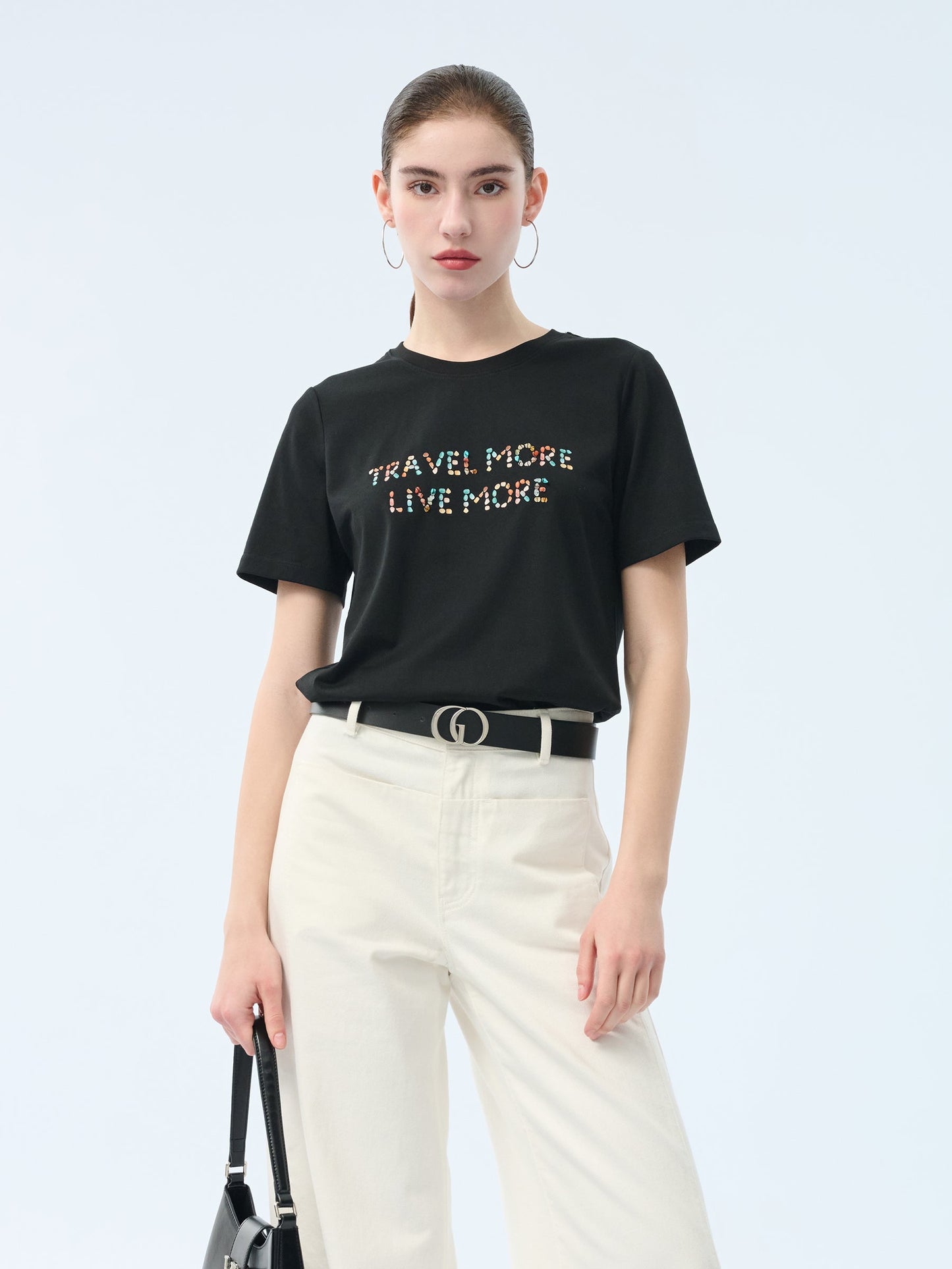 Cotton Beaded Letter Women T-Shirt