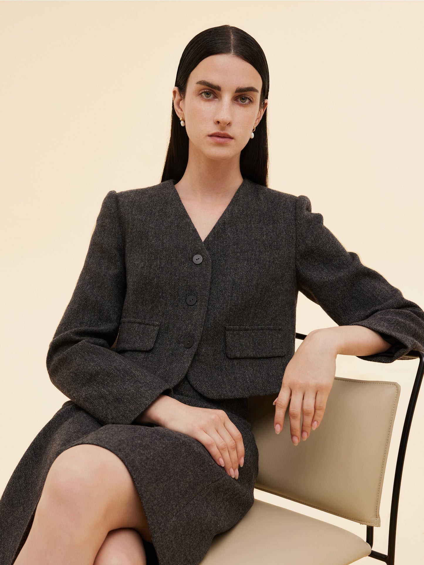 100% Washable Wool Crop Jacket And Skirt Two-Piece Set
