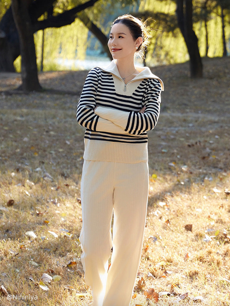 Oversized Collar Half-Zip Women Knit Top