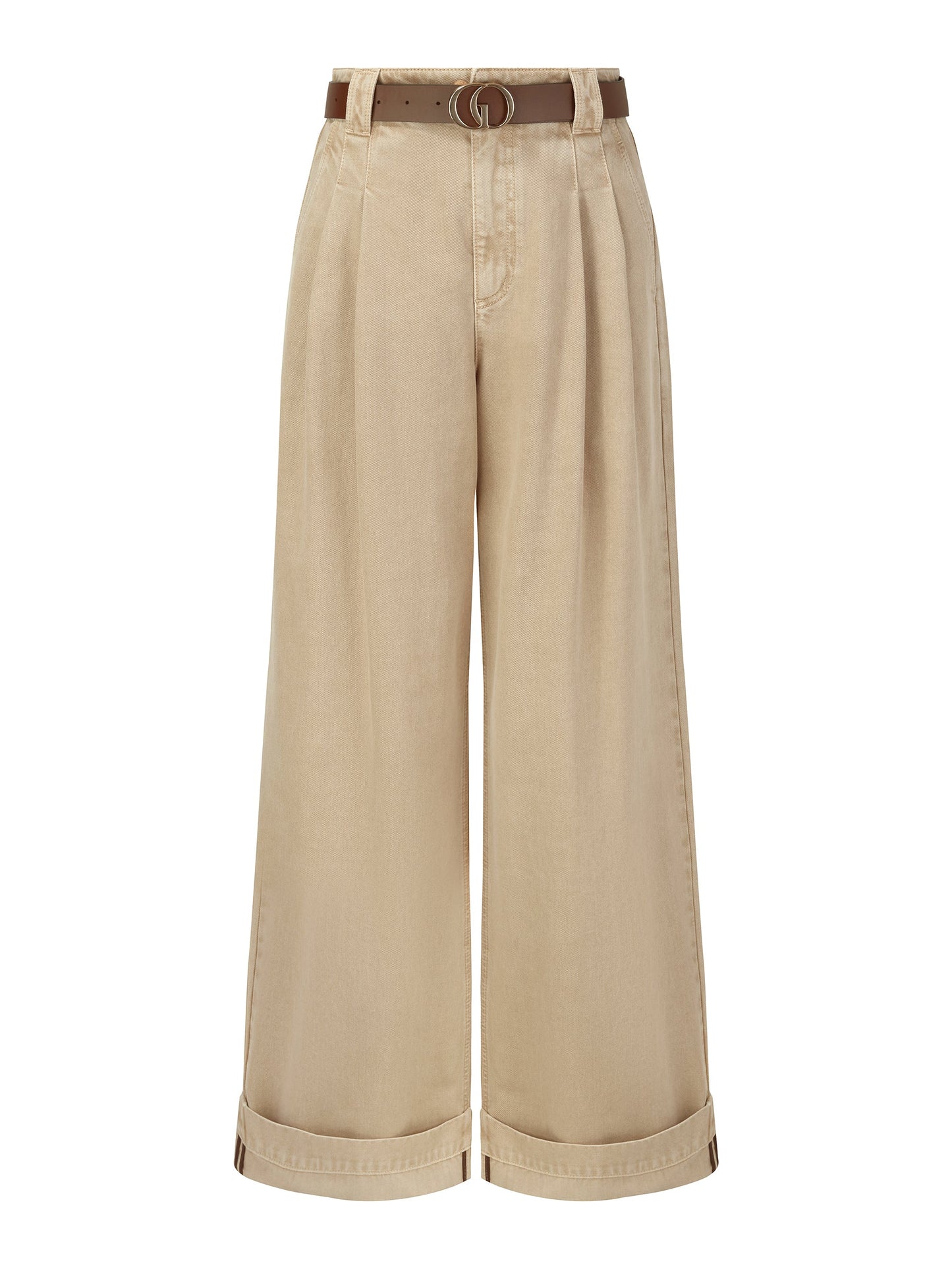 Cotton Denim Straight Wide Leg Women Folded Jeans With Belt