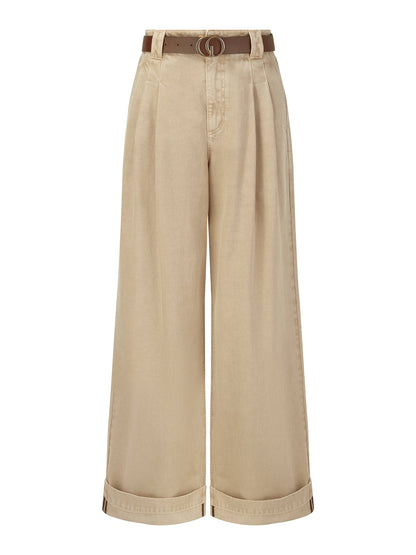 Cotton Denim Straight Wide Leg Women Folded Jeans With Belt