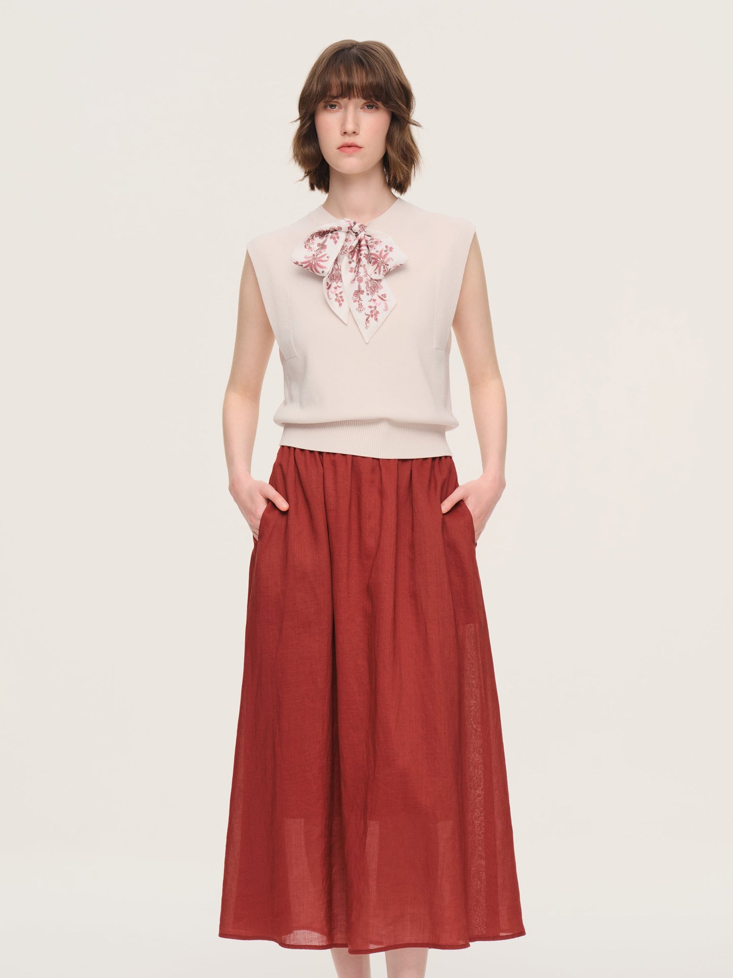 Cap Sleeve Knit Tank Top And 100% Ramie Skirt Two-Piece Set With Silk Scarf