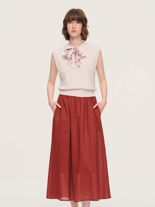 Cap Sleeve Knit Tank Top And 100% Ramie Skirt Two-Piece Set With Silk Scarf