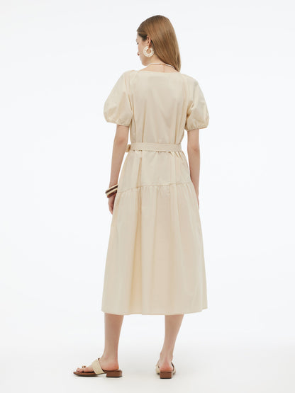 100% Cotton A-Line Women Maxi Dress With Two Tie Belts