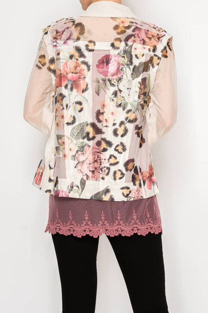 Faux Suede Mesh Trimmed Detailed Jacket - 4820BG-LEO FL: LEO FL / L