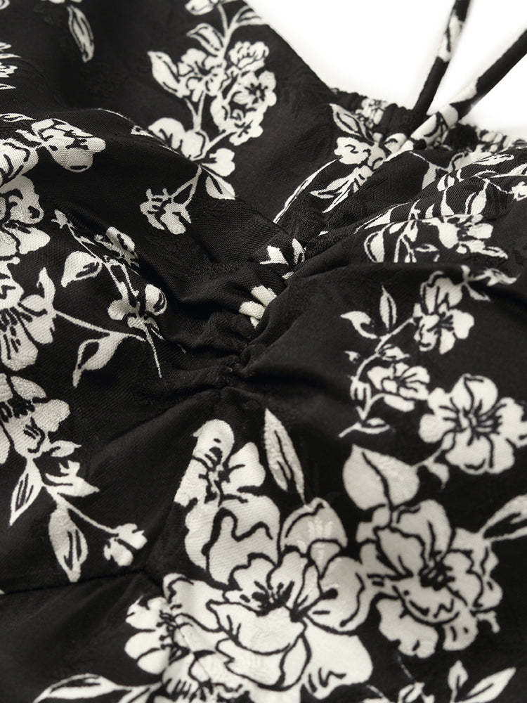 Camellia Print Spaghetti Strap Women Midi Dress