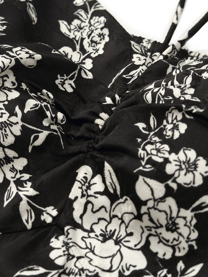 Camellia Print Spaghetti Strap Women Midi Dress