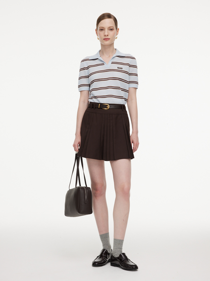 Navy Combo Stripe Women Polo Knit Top