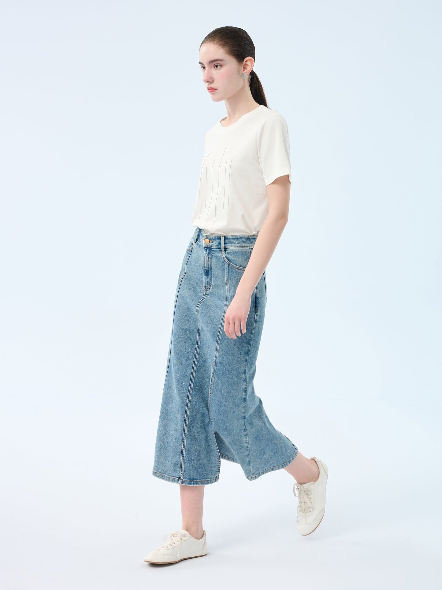 Denim Side Slit Women Eight-Panel Skirt