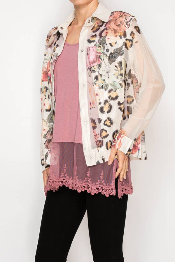 Faux Suede Mesh Trimmed Detailed Jacket - 4820BG-LEO FL: LEO FL / L