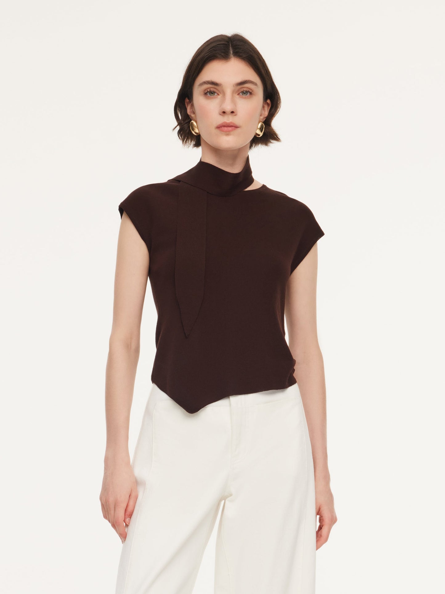 Tencel Blend Asymmetrical Hem Women Knit Top With Ribbon