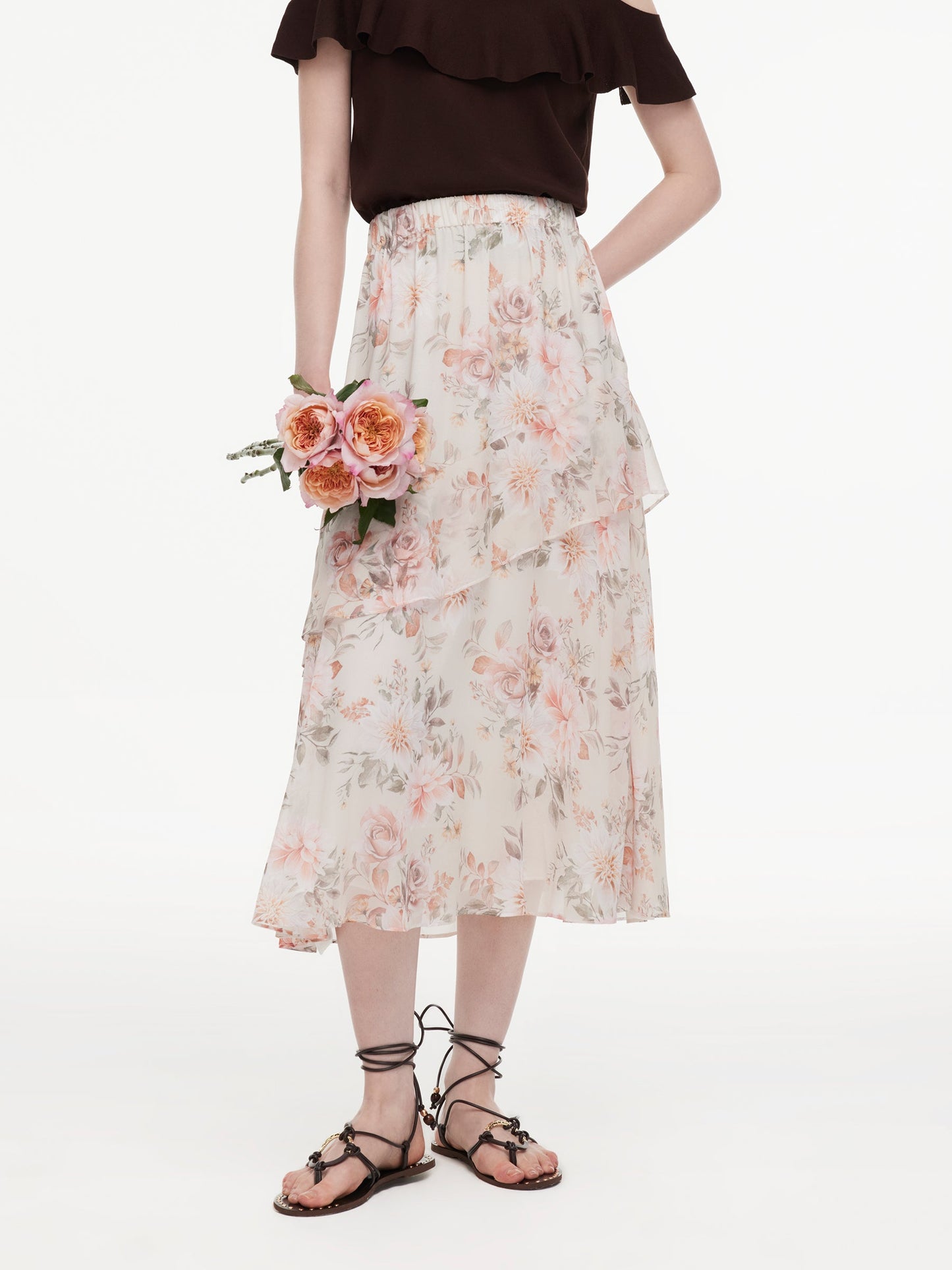 10MM Mulberry Silk Floral Print Women Tiered Skirt