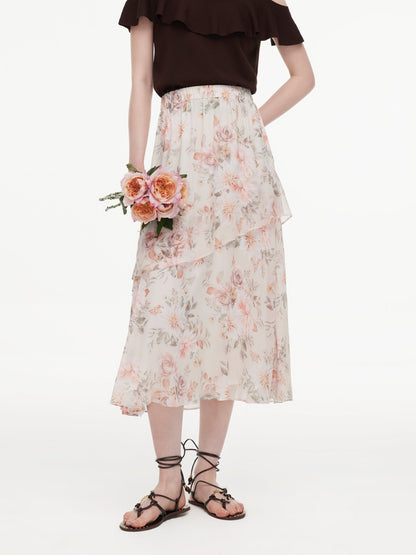 10MM Mulberry Silk Floral Print Women Tiered Skirt