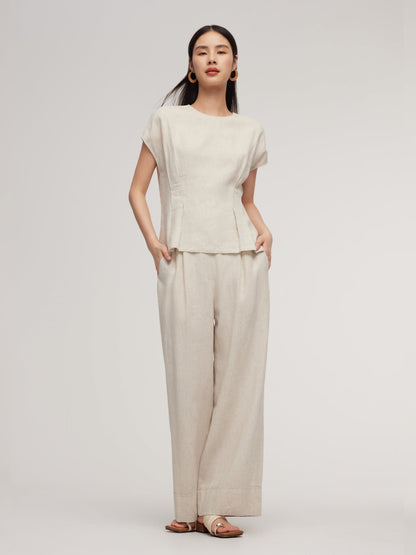 100% Linen Blouse And Pants Two-Piece Set