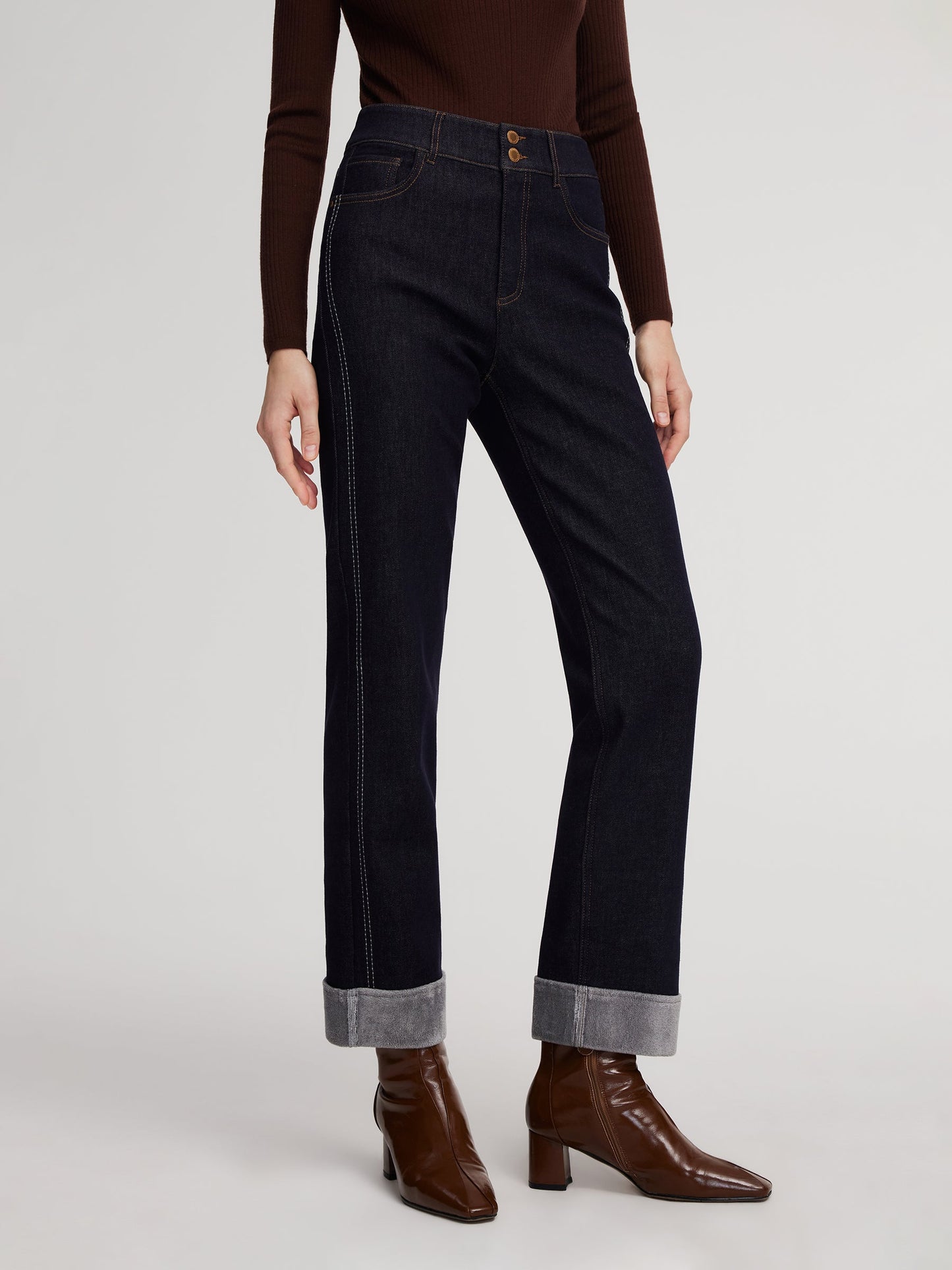 Denim High-Waisted Fleece Lined Women Folded Jeans