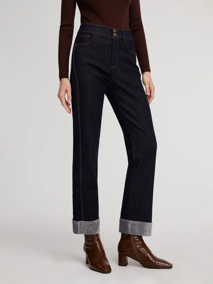 Denim High-Waisted Fleece Lined Women Folded Jeans