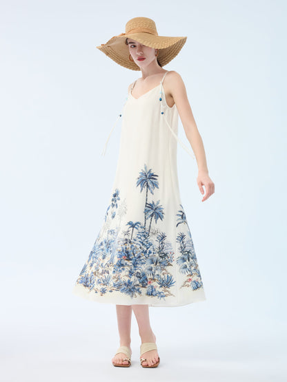 Tencel Linen Blend Floral Print Women Strap Maxi Dress