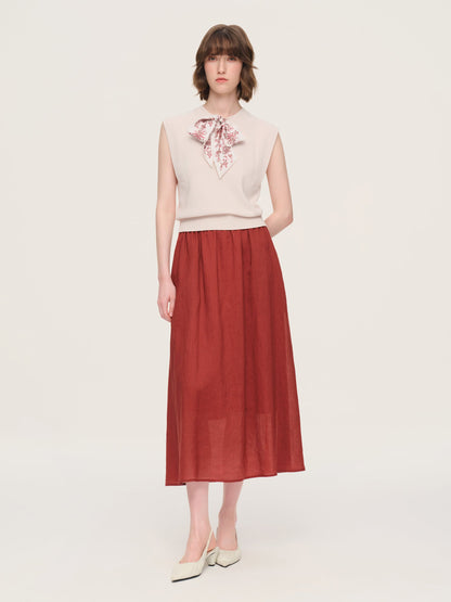 Cap Sleeve Knit Tank Top And 100% Ramie Skirt Two-Piece Set With Silk Scarf