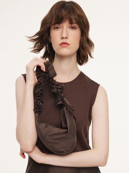 Dark Brown Patchwork Bubble Hem Women Sleeveless Maxi Dress With Bag