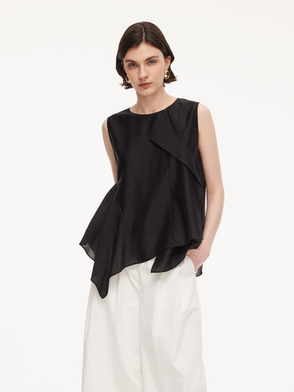 Lyocell Blend Black Ruffle-Detailing Women Tank Top