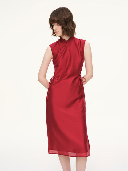 Tencel Blend Sleeveless Women Qipao Midi Dress