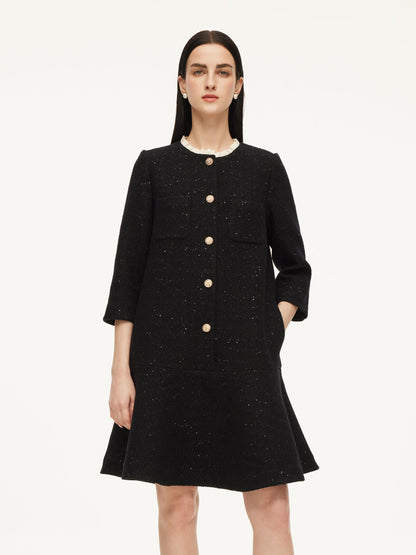 Wool Blend Sequins Ruffle Hem Women A-Line Mini Dress