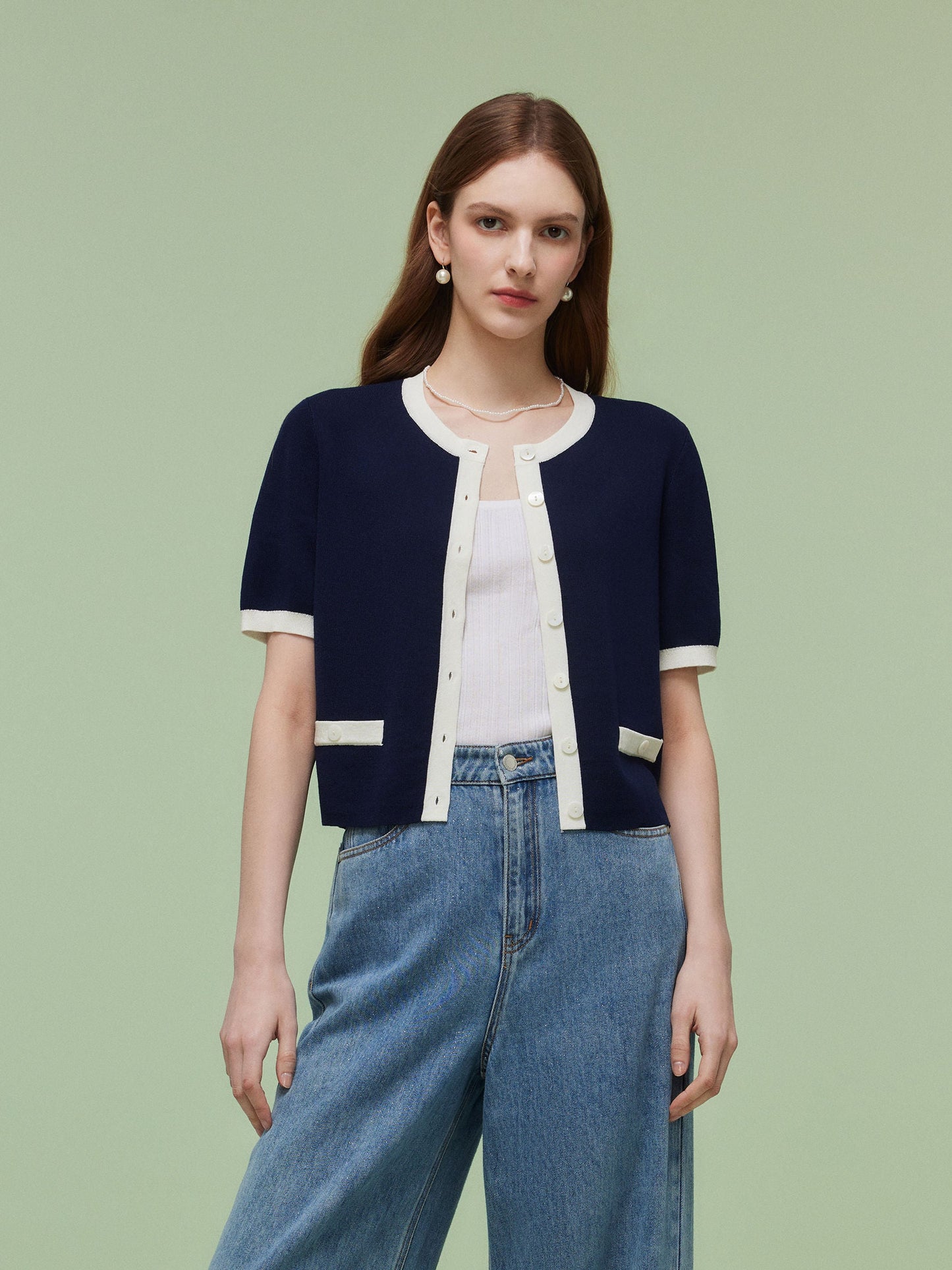 Lyocell Blend Contrast Trim Women Cardigan