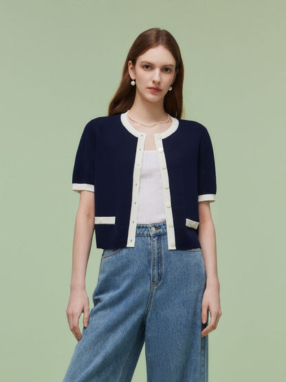 Lyocell Blend Contrast Trim Women Cardigan