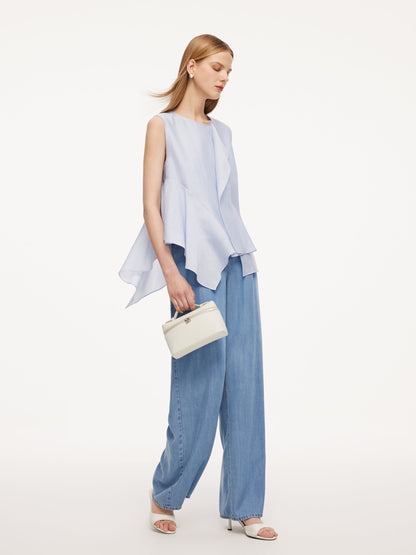 Lyocell Blend Light Blue Ruffle-Detailing Women Tank Top