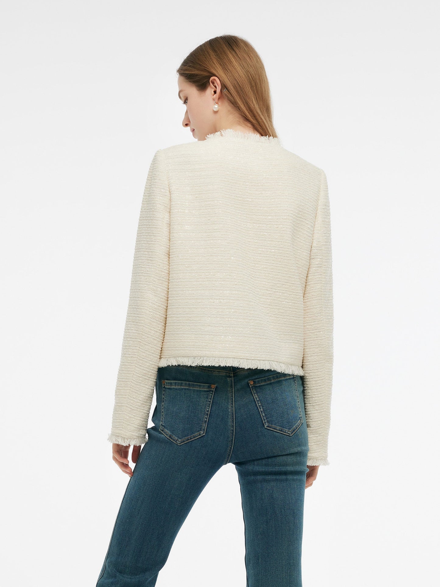 Tweed Collarless Women Crop Jacket