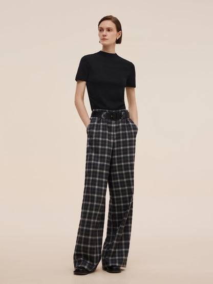 Plaid Loose Wide Leg Women Pants With Leather Belt