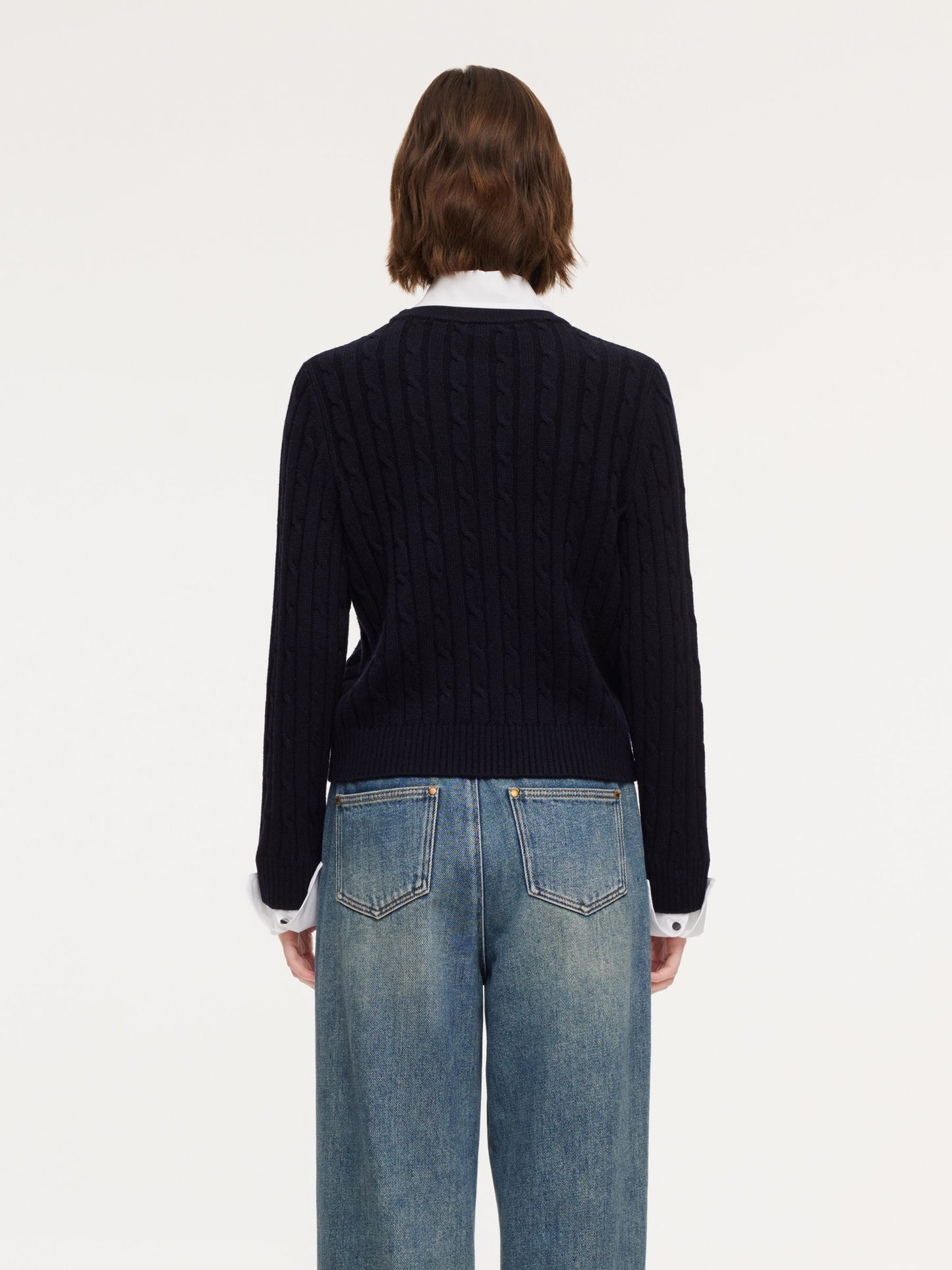 Wool Blend Cable Knit Women Sweater With Detachable Collar And Cuffs
