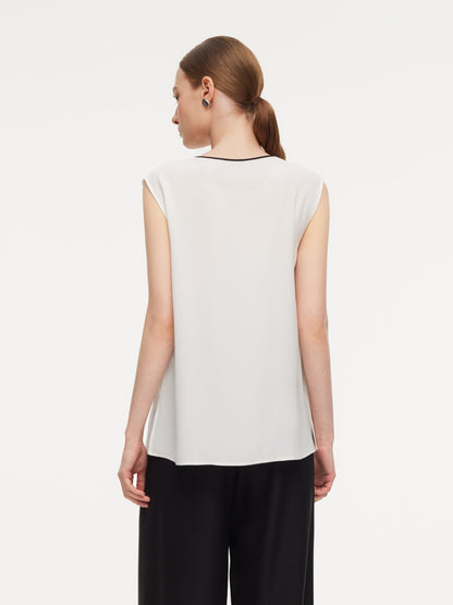 Acetate Blend Tie Front Contrast Trim Women Tank Top