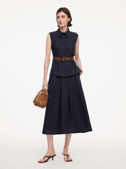 100% Linen Sleeveless Blouse And Skirt Two-Piece Set With Braided Belt
