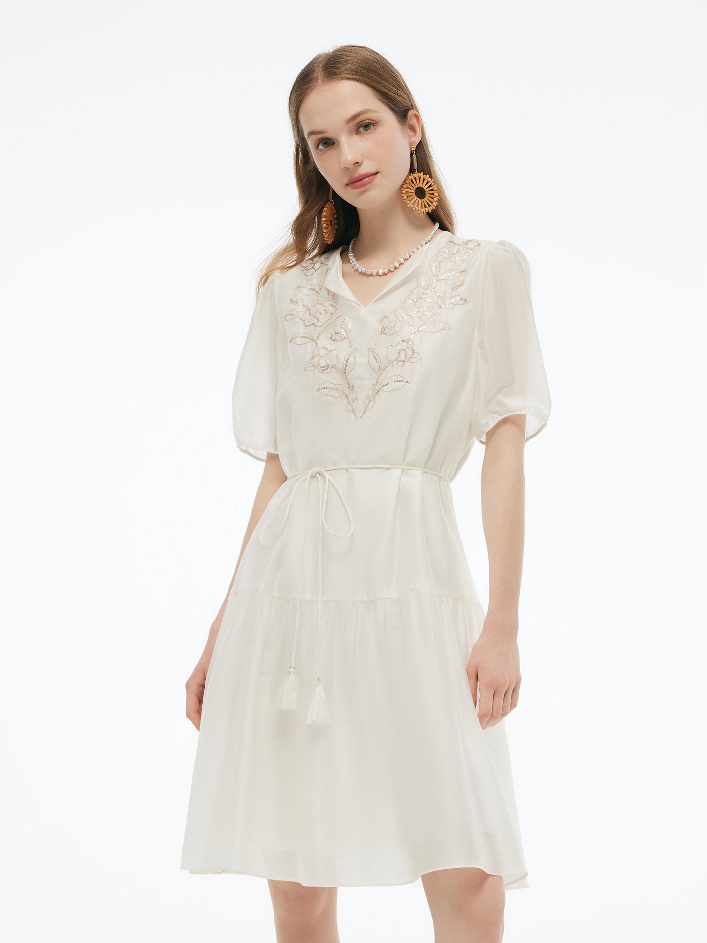 Pre-Order Tencel Blend Sequins Embroidered Women Midi Dress With Tie String Belt